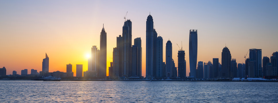 Panoramic view of Dubai at sunrise