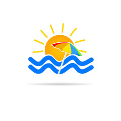 sun icon with umbrella and sea vector