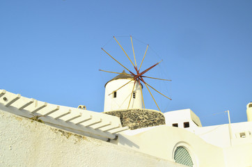 clothespins towels, windmill, santorini island greece