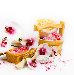 Spa composition with twig orchid mix white and red color