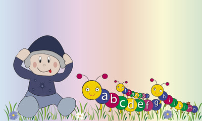 Niño y ciempiés con números y letras.