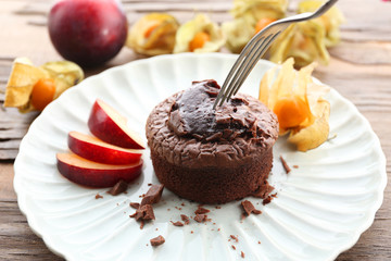 Hot chocolate pudding with fondant centre, close-up