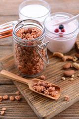 Healthy breakfast. Granola on table