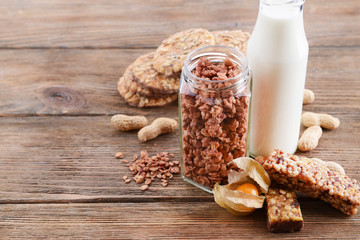 Healthy breakfast. Granola on table