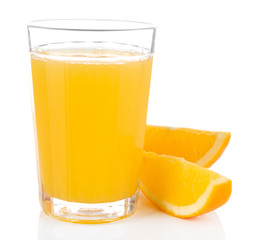 Glass of orange juice with slices isolated on white