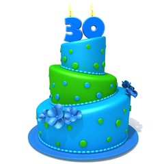 Birthday cake with number thirty 3d illustration