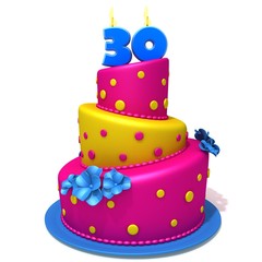 Birthday cake with number thirty 3d illustration