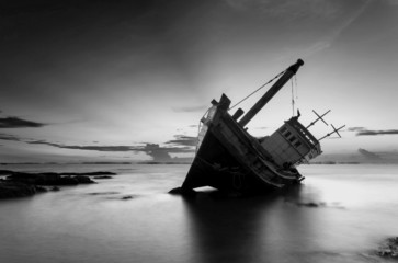 The wrecked ship in black and white