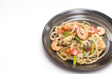 Stir fried spicy spaghetti with seafood