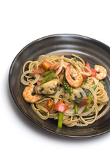 Stir fried spicy spaghetti with seafood