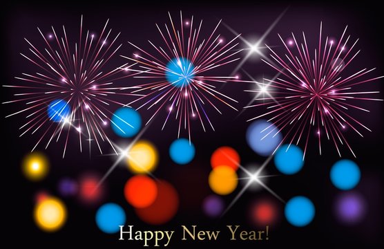 Holiday background with colorful fireworks. Happy New Year! Vect