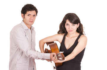 Beautiful frustrated female guitar student and teacher