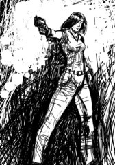 Harmonous girl who aims a gun