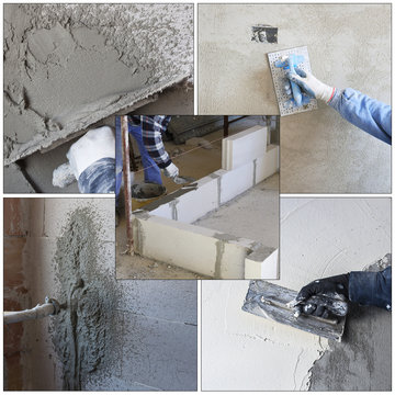 worker plastering tool plaster marble on interior plaster rough