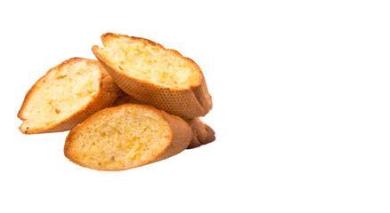 Homemade garlic bread of French baguette over white background