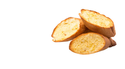Homemade garlic bread of French baguette over white background