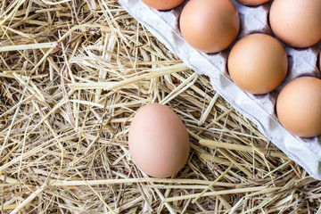 Chicken eggs on a straw bazaar counter