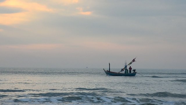 Fishing boat on the sea in morning at Hat Chao Samran beach