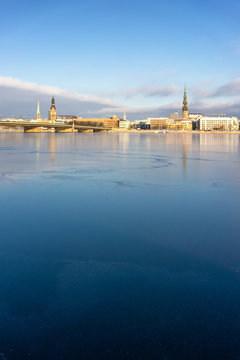 Panorama of Riga on the frozen river and fresh snow