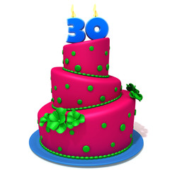 Birthday cake with number thirty 3d illustration