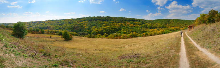 man walking mountain path panorama