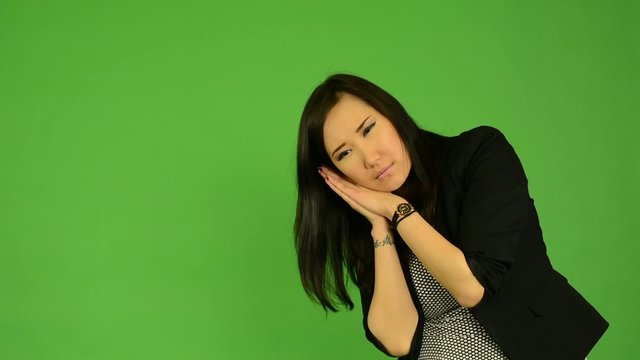 asian woman oversleep and confused  - green screen