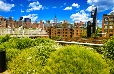 Stunning summer view of Manhattan Buildings from High Line Park.