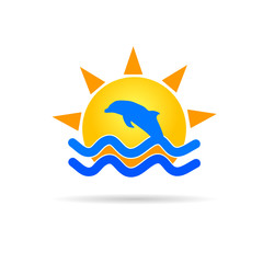 dolphin with sun icon color vector