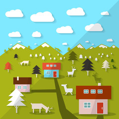 Rural Mountain Vector Landscape Illustration
