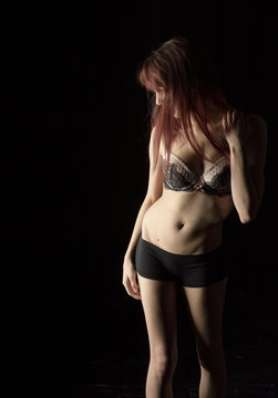 Long Hair Woman Posing in Sexy Underwear