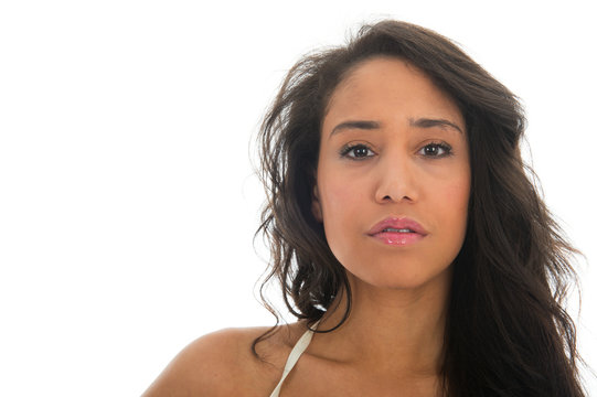 Portrait of black woman in white bikin