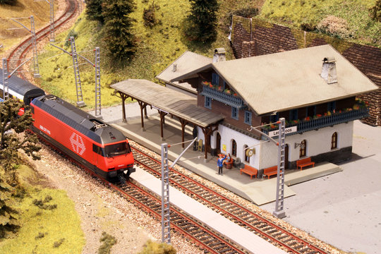 model railway station and train