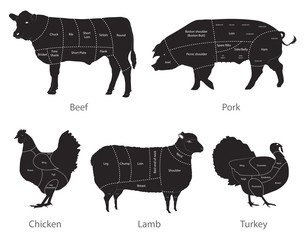 animals silhouettes with entitled meat cuts