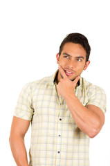 young handsome hispanic man thinking
