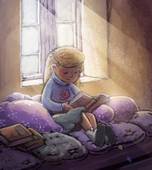 Fototapeta premium niña leyendo entre cojines