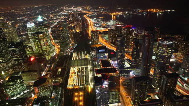 A timelapse aerial of traffic in Toronto, Canada at night