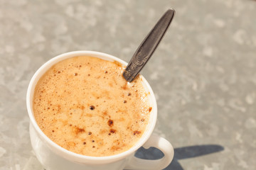 Beverage. Cup of coffee hot drink on gray
