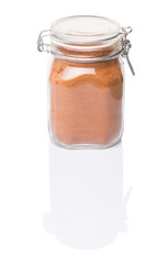 Instant chocolate drink powder in glass jar container 