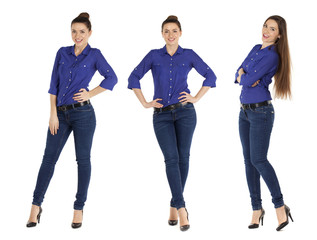 Obraz premium Collage, beautiful women in blue jeans and blue shirt
