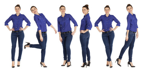 Collage, beautiful women in blue jeans and blue shirt