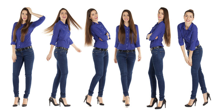 Collage, beautiful women in blue jeans and blue shirt