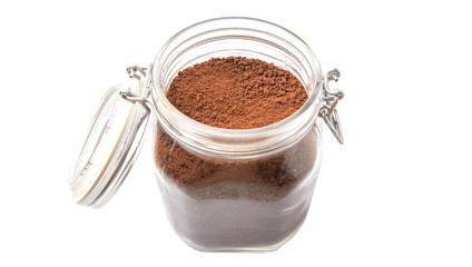 Instant coffee drink powder in glass jar container 