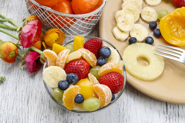 Fruit salad in glass bowl