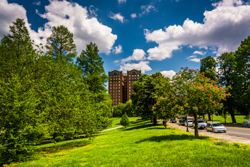 Clouds over trees and a building at Druid Hill Park, in Baltimor