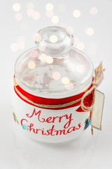 Empty glass jar for cookies. Christmas decoration