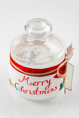 Empty glass jar for cookies. Christmas decoration