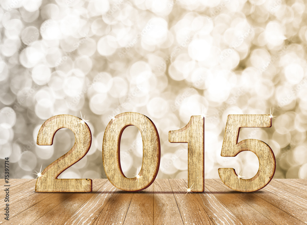 Poster 2015 year number in room with sparkling bokeh l and wooden floor