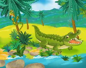 Naklejka premium Cartoon scene - wild South America animals - crocodile - illustration for the children