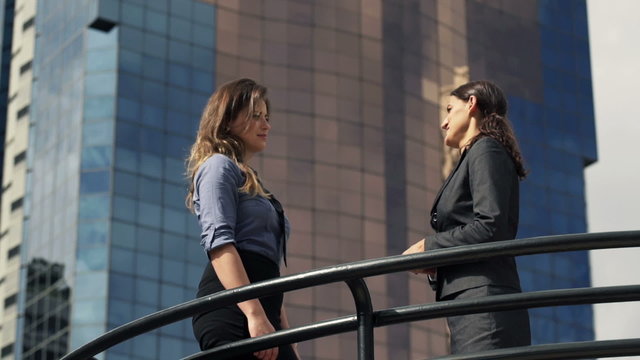 Two businesswomen talking, making deal and shaking hands