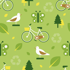 Eco Pattern with Bicycle, Bird, Leaves and Butterfly